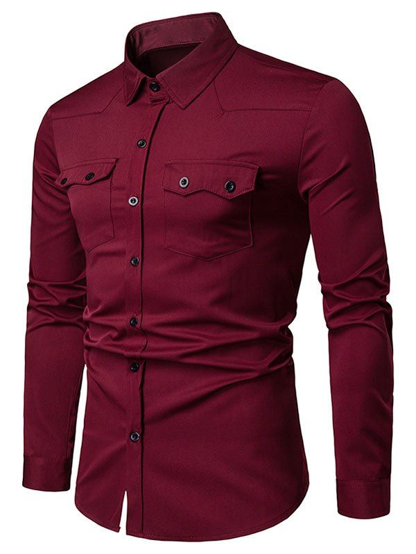 

Chest Flap Pockets Casual Long Sleeve Shirt, Red wine