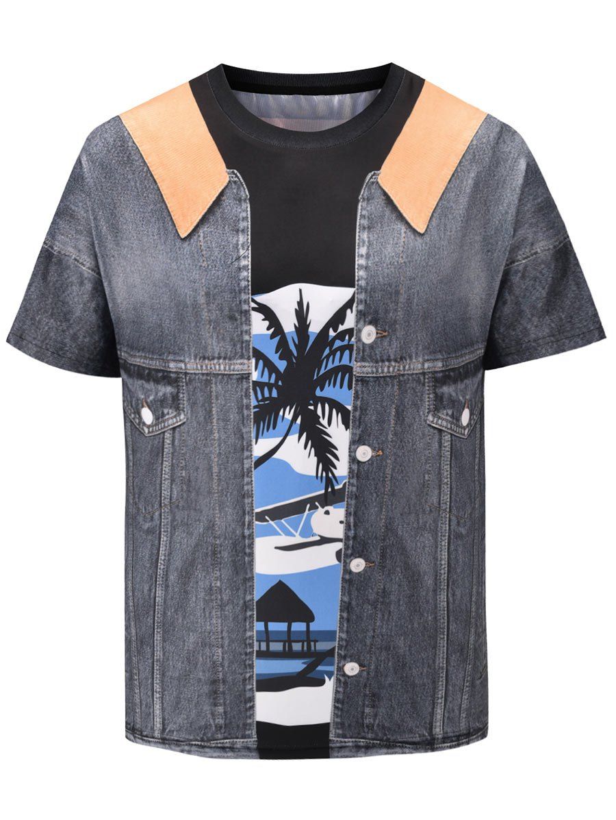 

3D Faux Denim Jacket Print Short Sleeve T-shirt, Battleship gray