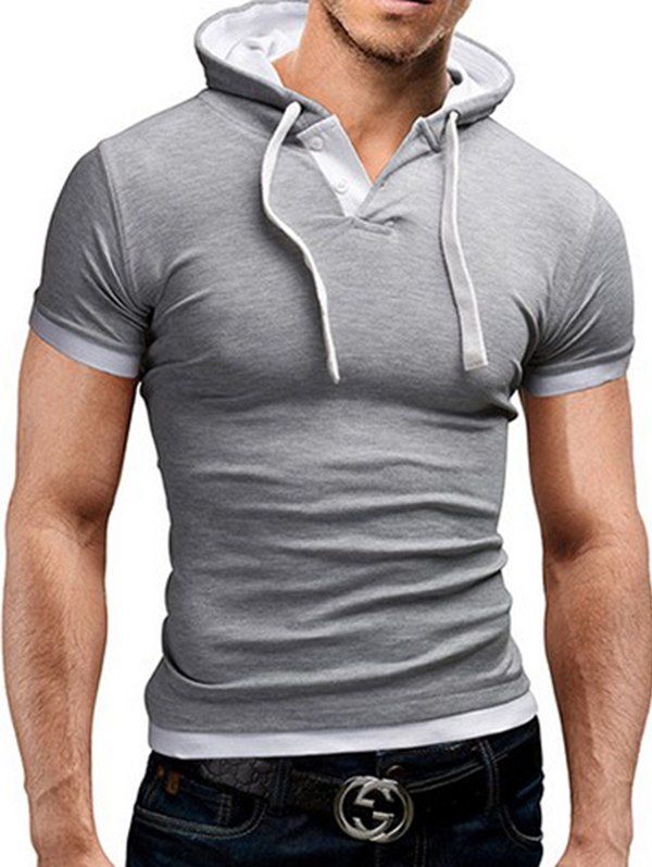 

Men's T-shirt Large Size Hooded Short-sleeved Stitching, Light gray