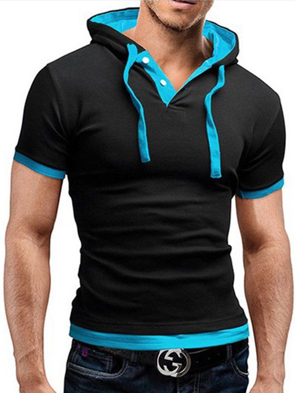 

Men's T-shirt Large Size Hooded Short-sleeved Stitching, Turquoise