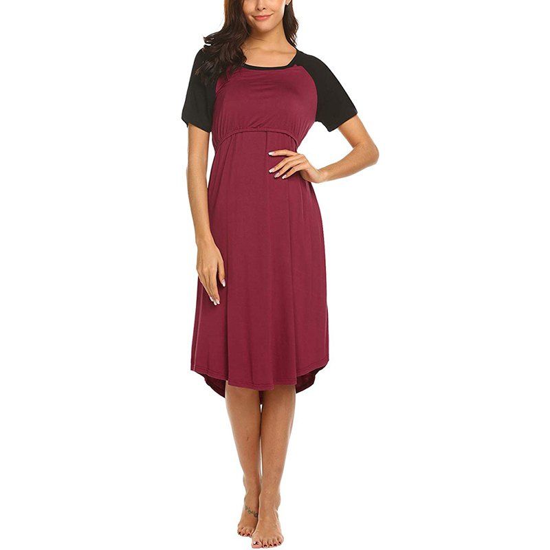 

C8926 Round Neck Short-sleeved Pregnant Women Breastfeeding Dress, Red wine
