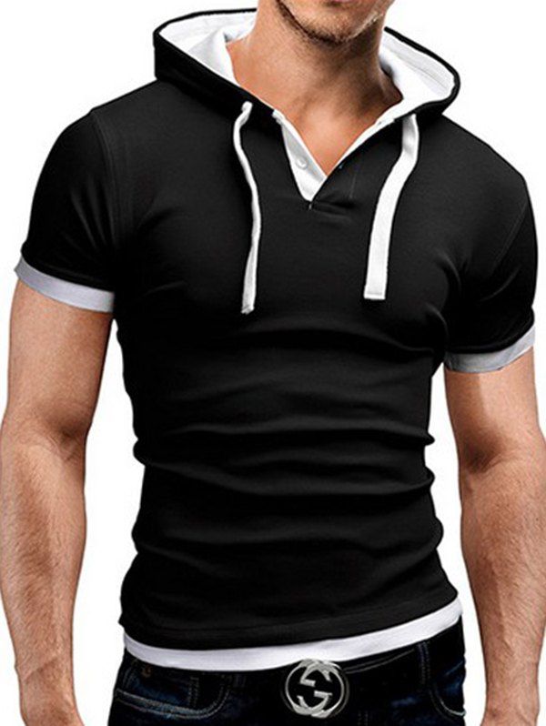 

Men's T-shirt Large Size Hooded Short-sleeved Stitching, Black