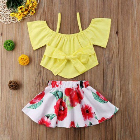 

FT1585 Girls Bow Off-the-shoulder Top Flower Print Skirt Two-piece, Yellow