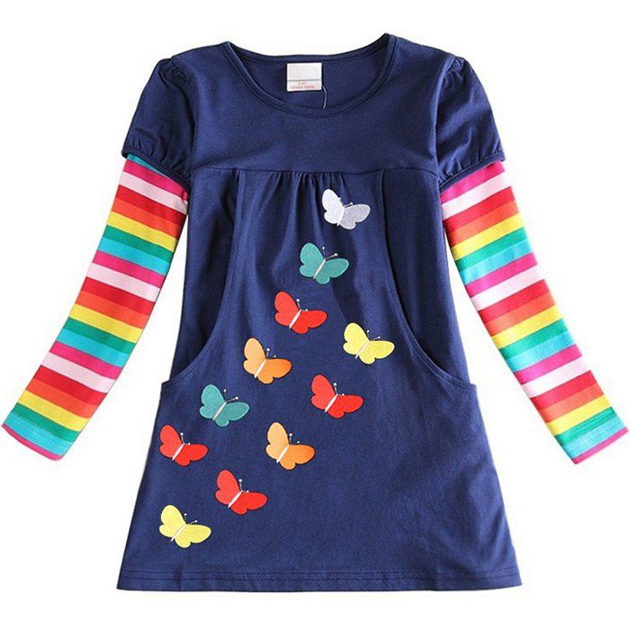 

LH5803 Girls' Dress Embroidered Butterfly Cotton Rainbow Long Sleeve, Deep blue