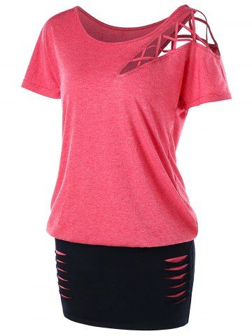 

Lattice Cut Ripped Blouson T-shirt, Red