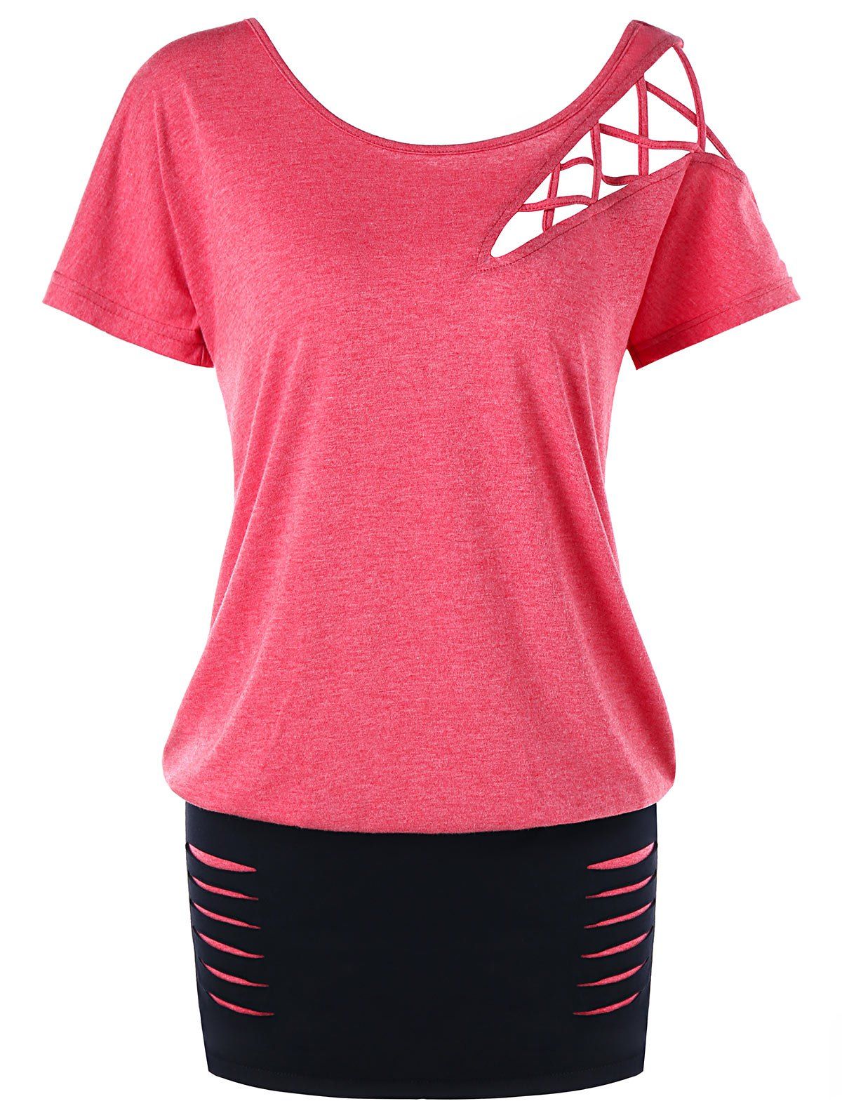 

Lattice Cut Ripped Blouson T-shirt, Red