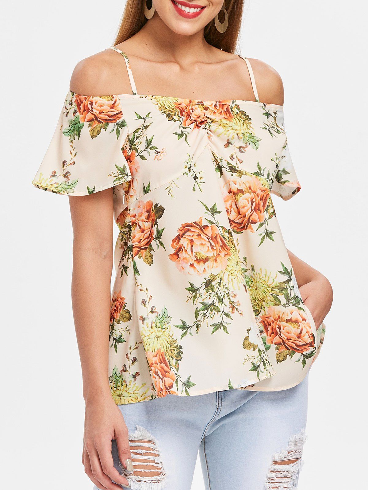 

Floral Print Cold Shoulder Blouse, Multi