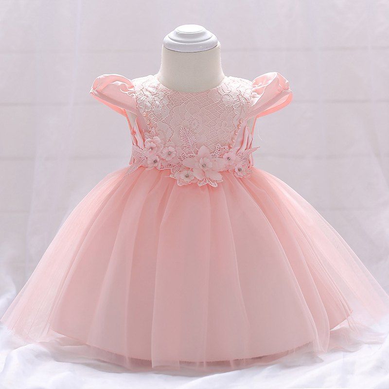 

L1842XZ Flower Princess Dress Toddler Baby Bright Bead Cap Sleeve Lace Gown, Pig pink