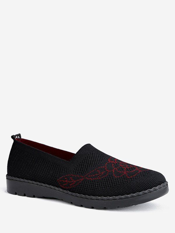 

Floral Print Knitted Loafer Flat Shoes, Black