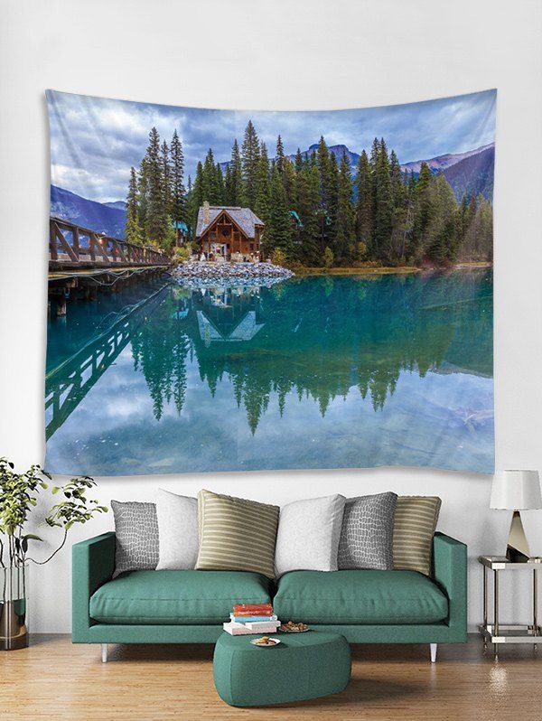 

River Cabin Forest Print Removable Wall Tapestry, Multi