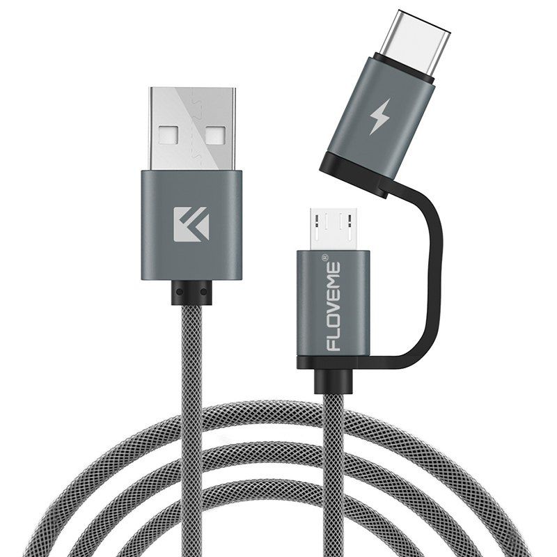 

FLOVEME QC3.0 Fast Charge Micro USB / TYPE-C Data Cable, Gray