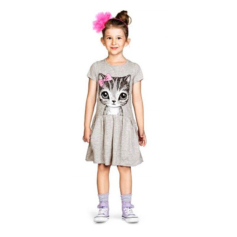 

Girls Bow Children Cotton Cat Print Dress, Gray