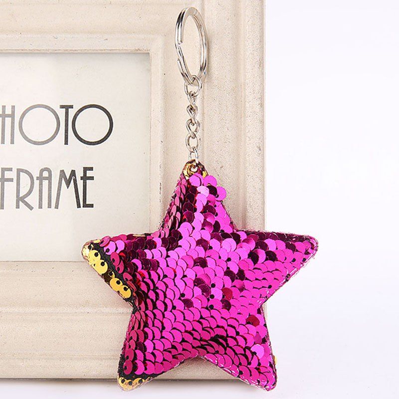 

Cute Chaveiro Star Glitter Pompom Sequins Key Ring, Rose red