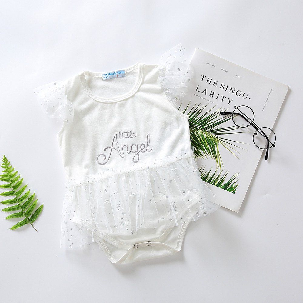 

3291 Summer Girls Cute Mesh Embroidery Romper, White
