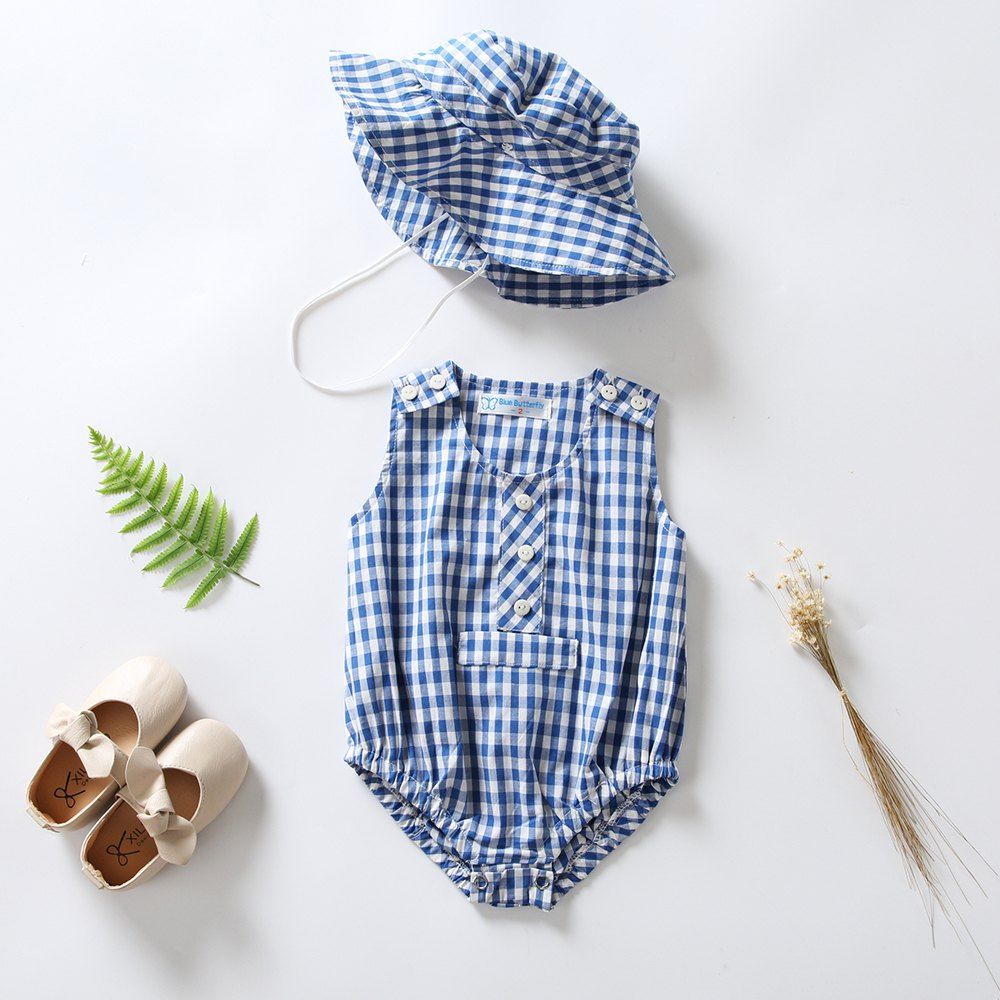 

3279 Girl Blue Plaid Jumpsuit Sunhat, Ocean blue