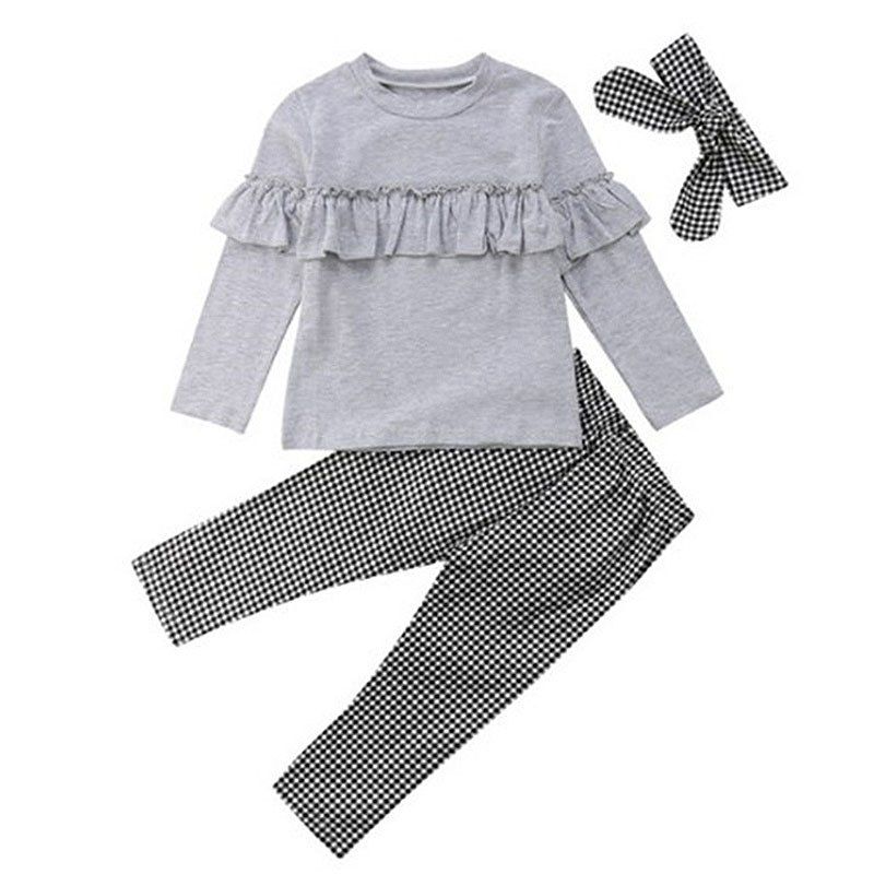 

3268 Girl Bow Plaid Pants + Headband Set, Light gray