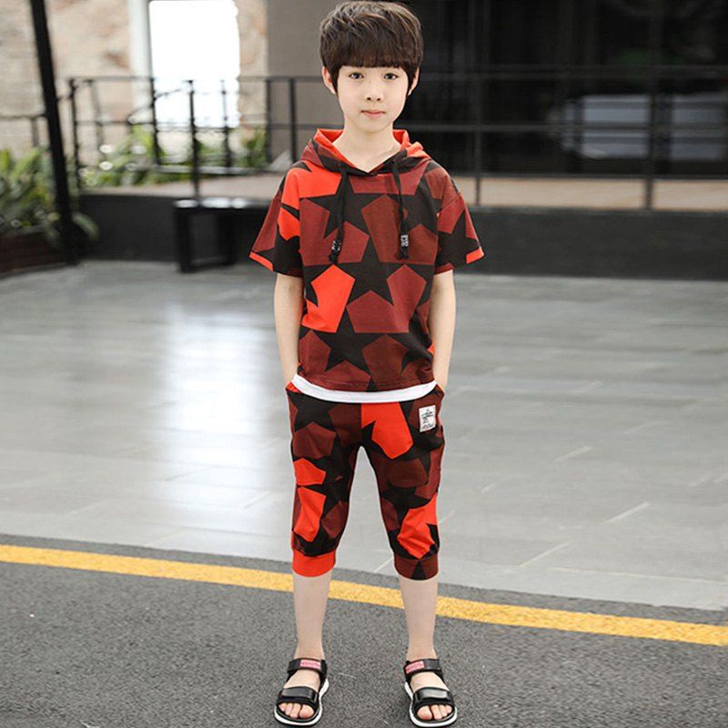 

611 Boys Fashion Casual Hooded Camouflage Suit, Red