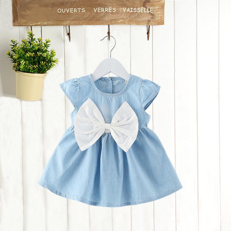 

MAIDUOBAO Girl's Solid Color Bow Denim Dress, White