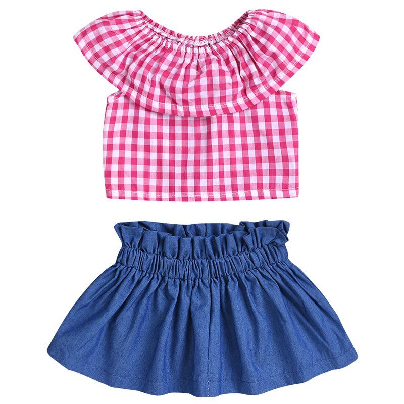 

Girl Fashionable Comfortable Plaid Lace Denim Suit Set, Red