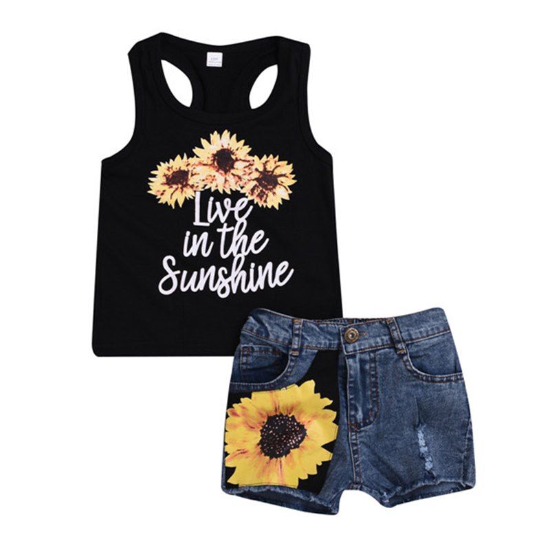 

GH299 Girls Sunflower Print Vest Denim Shorts Set, Black
