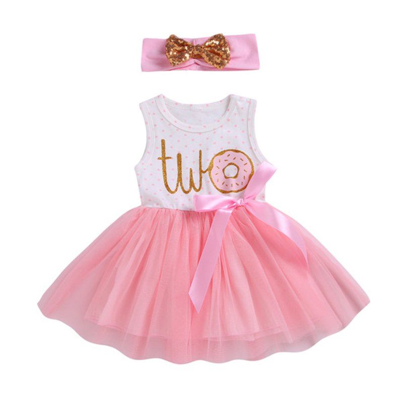 Girls Dress Round Neck Letter Print Dot Mesh Hair Band Princess Skirt