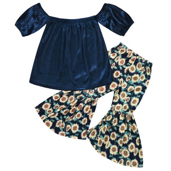 

Girls Suit Short Sleeve Large Collar Tops Sun Flower Flare Trousers, Midnight blue