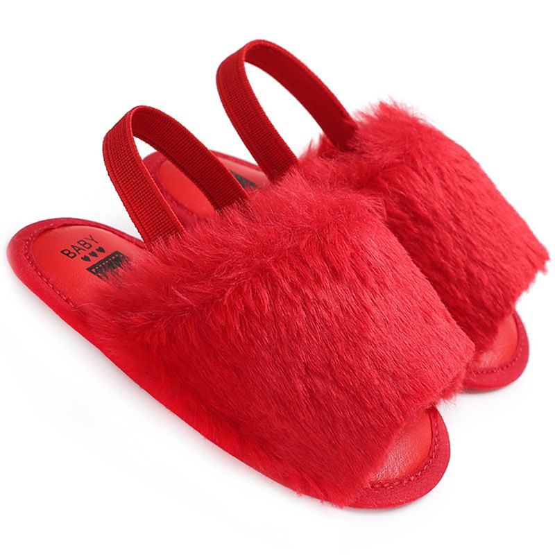 

C - 493 Summer 0 - 1 Year Old Girl Furry Sandals Silicone Non-slip Baby Toddler Shoes, Red wine