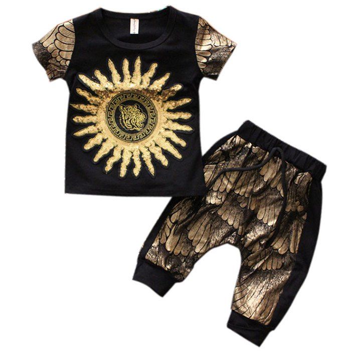 

Little Boy Golden Sunflower Stylish Short Sleeve Set, Black