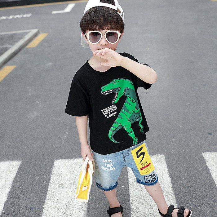 

TYTY - 14 - 3 Summer Boy Short Sleeve Dinosaur Print Pattern T-shirt, Black