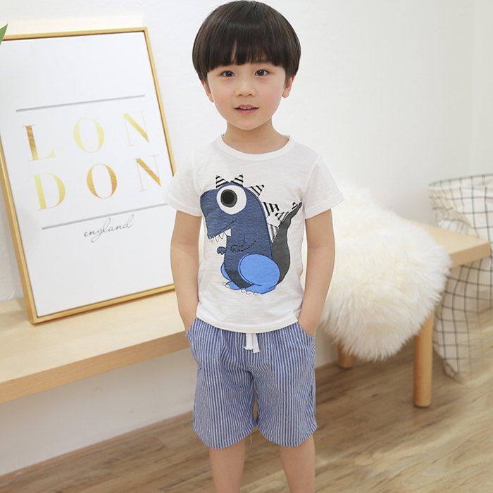 

EQ36 - 5 Little Boy Cartoon Dinosaur Stylish Short Sleeve Set, Milk white