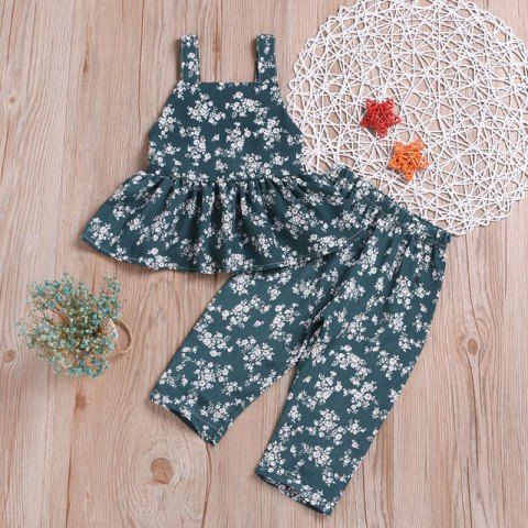 

Girls Tide Green Full Printed Floral Jumpsuit Pants Waistcoat, Deep green