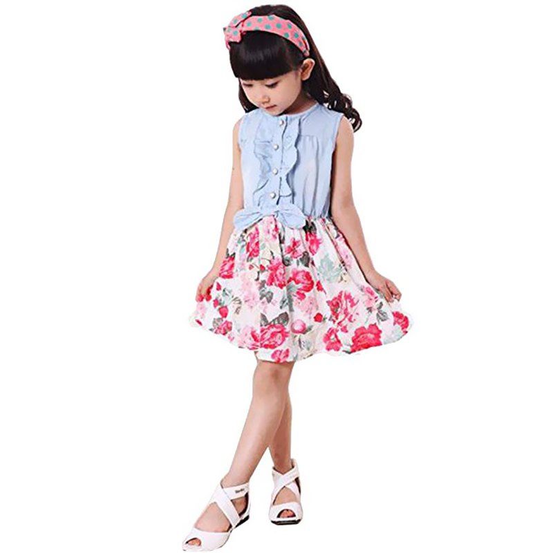 

Girls Sleeve Cutting Jean Flower Printed Dress Summer Children Cake Skirt, White