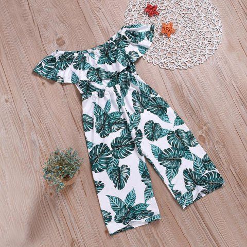 

Flat Shoulder Leaf Print Jumpsuit, Greenish blue
