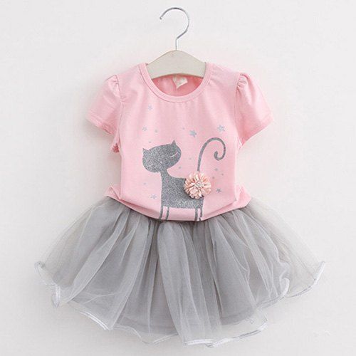 

MAIDUOBAO Girl 3D Print Two-piece T-shirt and Dress Suit, Pink