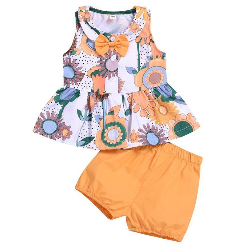 

Girl Fresh Sunflower Print Sleeveless Shirt Shorts Suit, Orange