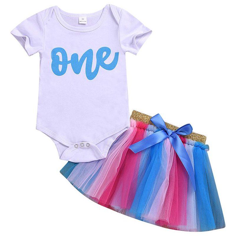 

Girls' Two-Piece Set Short Sleeves T-shirt Mesh Colorful Skirt, White