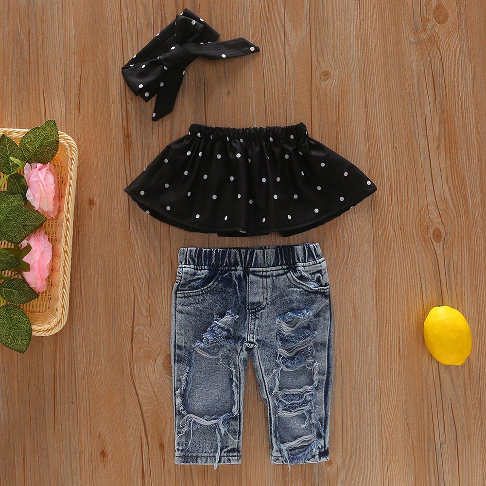 

96 Girls Off Shoulder T-shirt Denim Trousers Headband Suit, Black