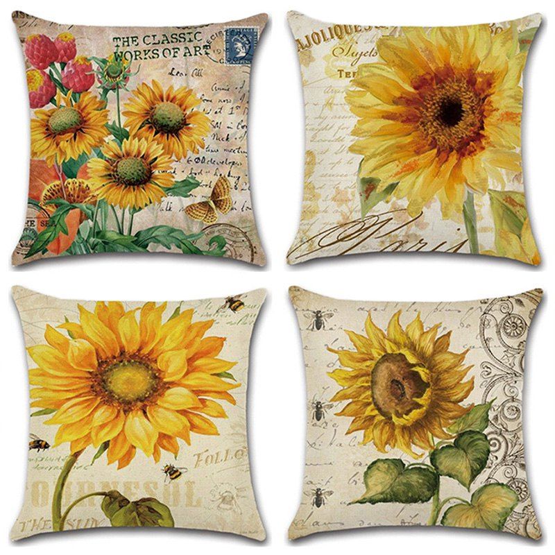 

Sunflower Series Hand Painted Pillowcase Cushion Cover 4pcs, Multi-a