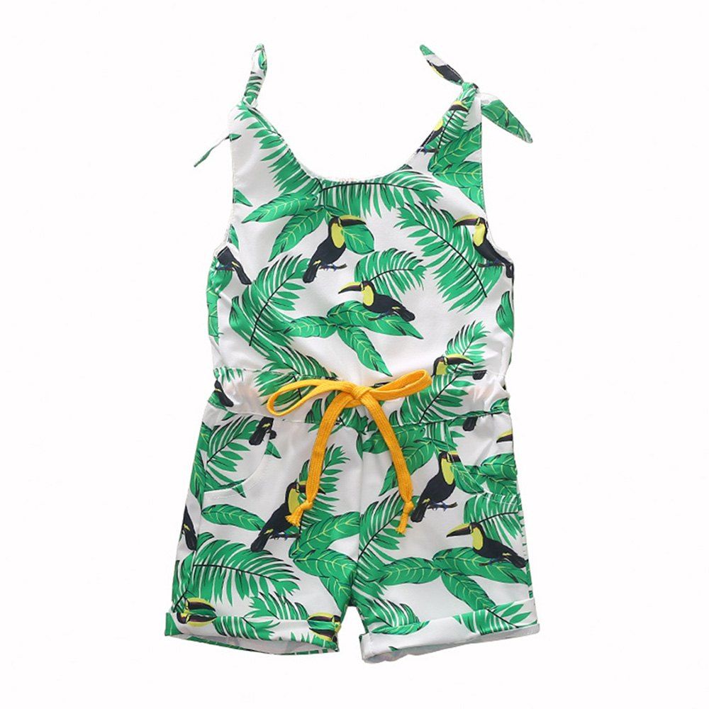 

1304 Girls Polyester Leaf Print Tether Strap Romper, Green onion