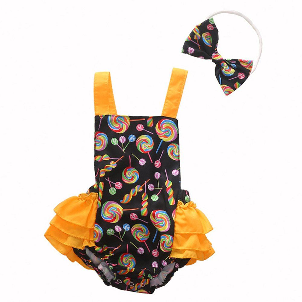 

1293 Cotton Lollipop Print Romper + Bow Headwear Set, Black