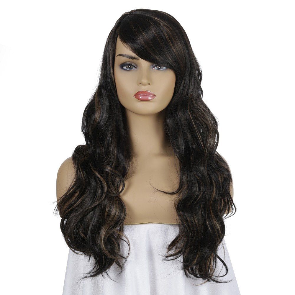 

SYJF 097 Long Curly Wig High Temperature Fiber Hair Wig with Bangs European and American Style, Deep brown