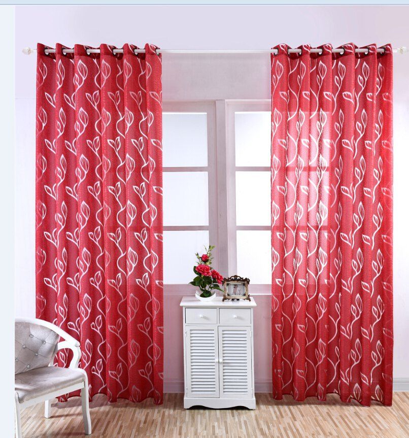 

Window Shading Leaf Embroider Tulle Curtain, Red