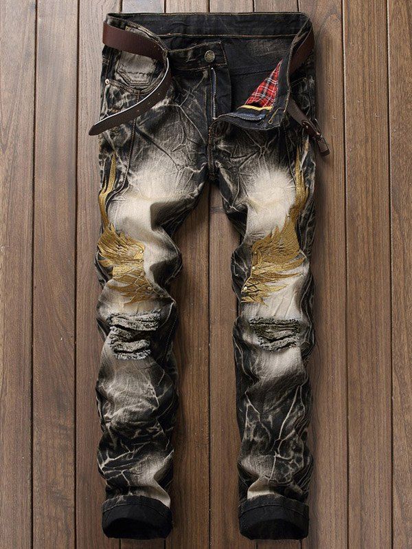 

Vintage Wings Embroidery Ripped Jeans, Colormix