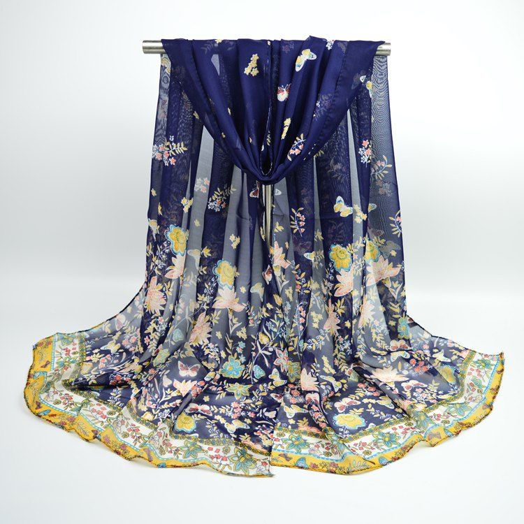 

Lightsome Butterfly Anthemy Blossom Printing Vintage Chiffon Scarf, Deep blue