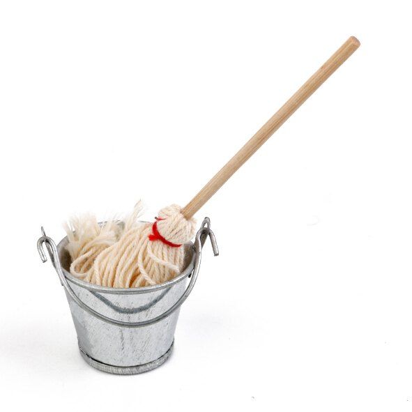

1:12 Mini Doll House Furniture Fittings Suit of Mop and Bucket, Silver