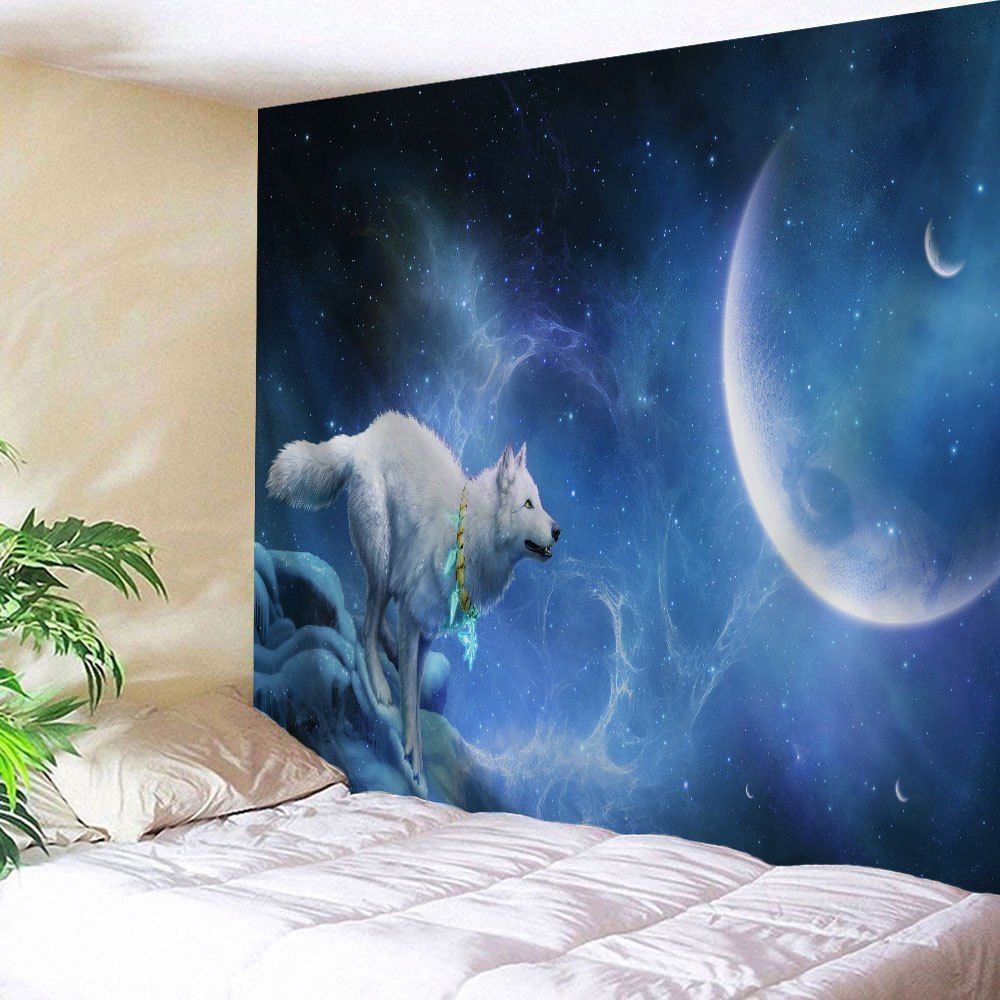 

Moonlight Wolf Printed Wall Hanging Tapestry, Night blue