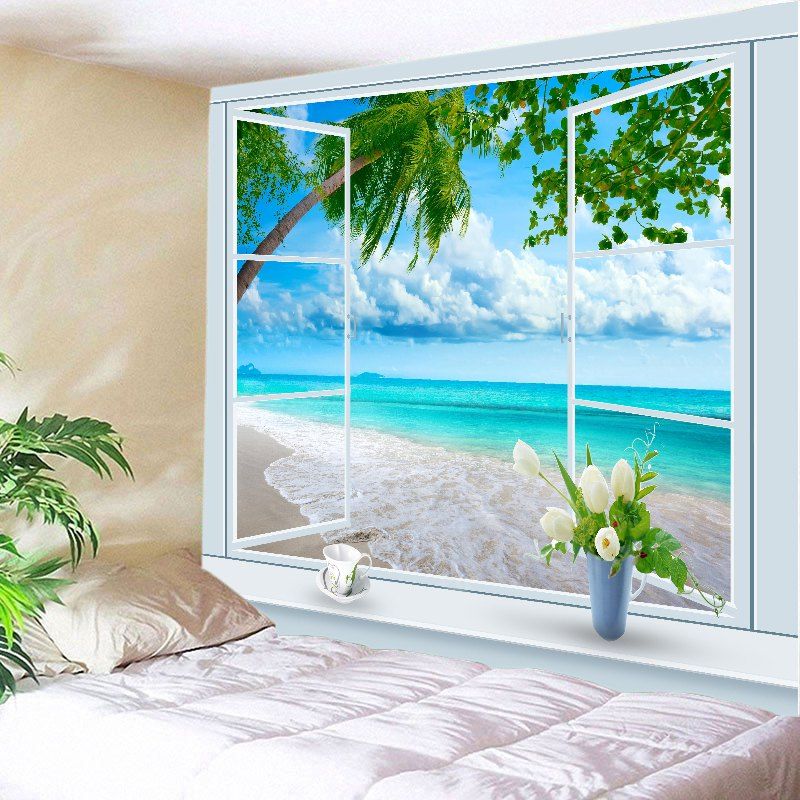 

Window Tree Beach Print Tapestry Wall Hanging Art Decoration, Lake blue