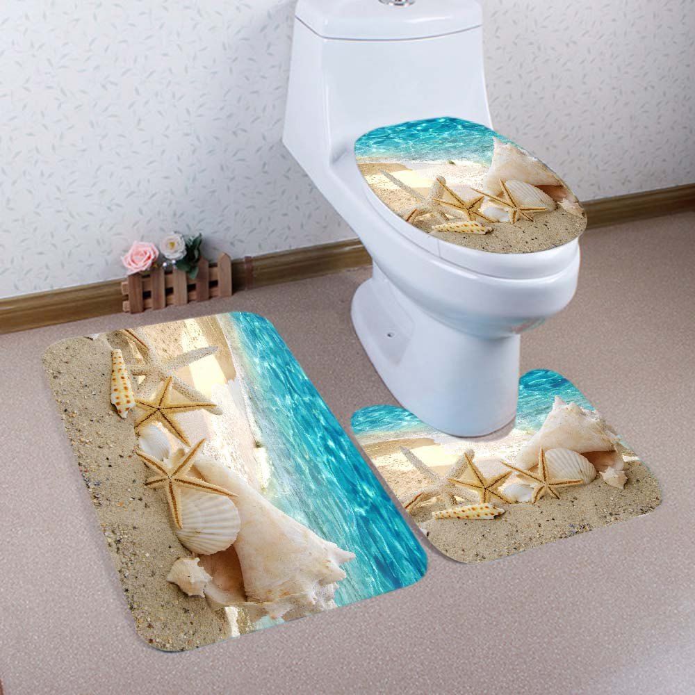 

Beach Conch Starfish Pattern 3 Pcs Bath Mat Toilet Mat, Lake blue