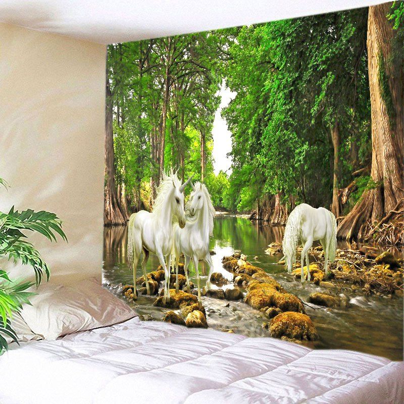 

Forest River Unicorn Print Tapestry Wall Hanging Art Decoration, Green