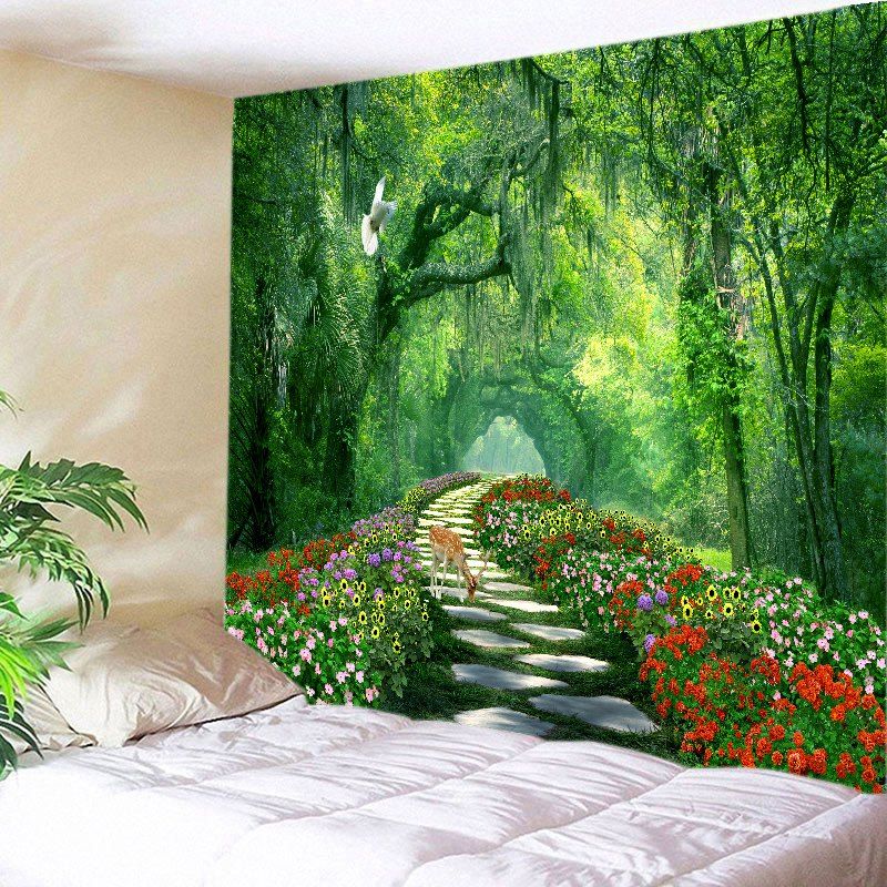

Forest Flowers Path Deer Print Tapestry Wall Hanging Art Decoration, Green